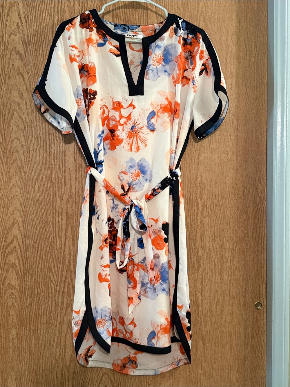 DKNY Cream Floral Tie-Waist 2-piece with Orange and Blue Blooms and Black Trim